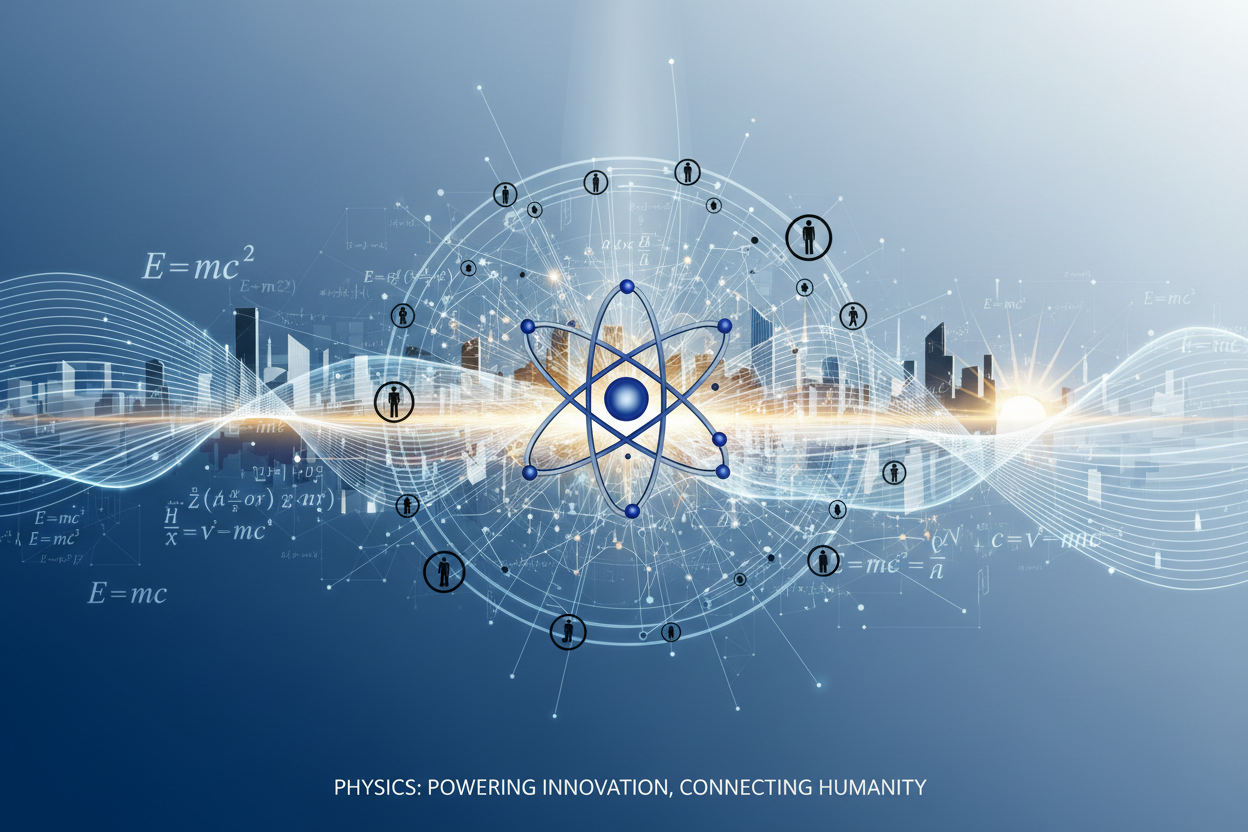 Ein stilisiertes Atommodell schwebt vor einer Skyline, umgeben von mathematischen Formeln und einem Netzwerk aus verbundenen Menschensymbolen.